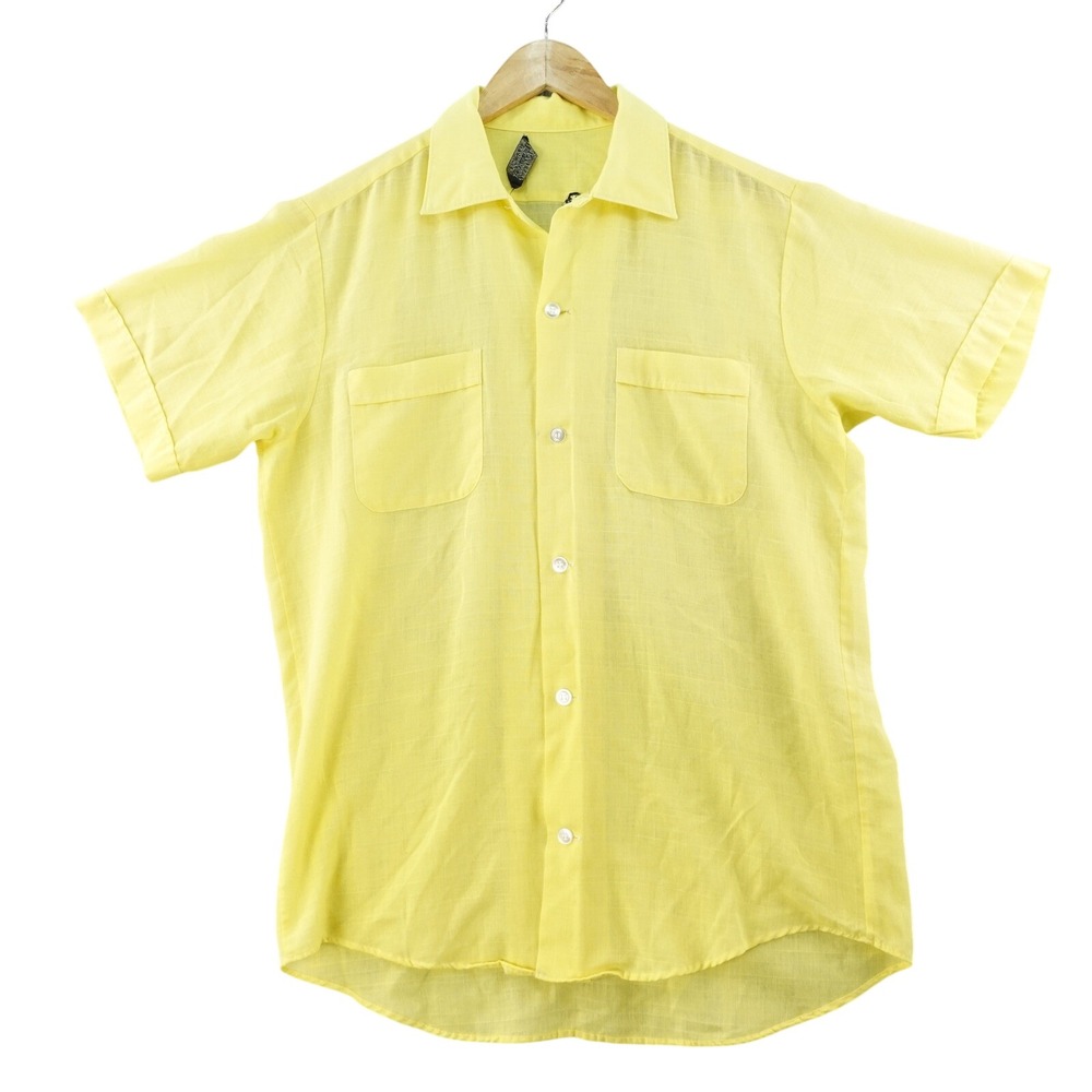 True Vintage Sears Mens M Perma Prest Yellow Short Sleeve Button Up Shirt Preppy